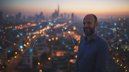 Fototapeta premium Smart digital Innovation city with connection network reciprocity over the cityscape. of future smart wireless city and social media networking systems that connects business people with in city