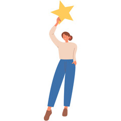 People Holding Star Character with Cartoon Design and Shape. Review Rating from Consumer. Vector Illustration