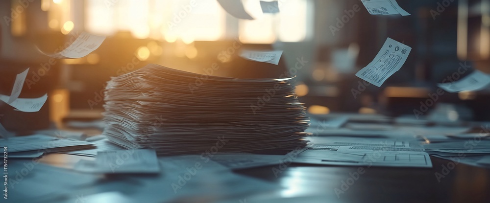 Poster a stack of papers surrounded by floating sheets, suggesting disorganization.