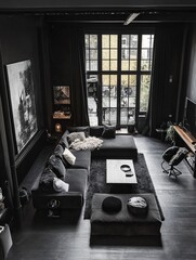 Dark Modern Living Room With Large Window And Sectional Sofa