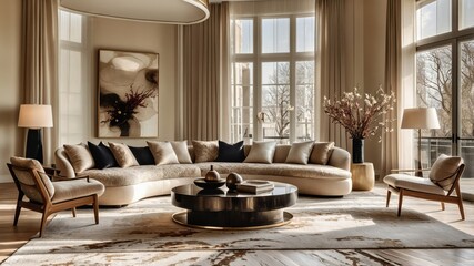 Luxurious modern living room, neutral color palette, large abstract art piece, curved sofas, round coffee table, floor-to-ceiling windows, minimalist decor, high-end interior design, soft lighting, te