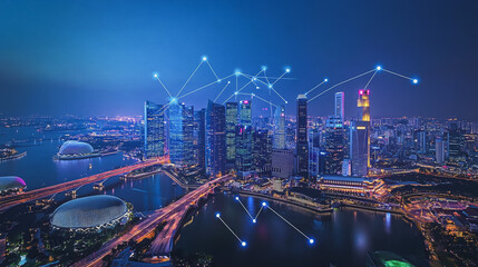 Smart digital Innovation city with connection network reciprocity over the cityscape. of future smart wireless city and social media networking systems that connects business people with in city