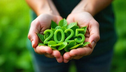 2025 Green Goals Sustainable Future Eco Friendly Hands Holding Leaves