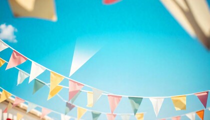 Fototapeta premium Festive Bunting Colorful Triangles Party Decorations Summer Celebration Outdoor Decor Bright Sky