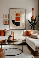 Modern living room interior, geometric abstract wall art, white sofa, orange accent pillow, wooden floor lamp, cozy throw blanket, textured ottoman, warm color palette, minimalist decor, Scandinavian 