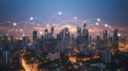 Fototapeta premium Smart digital Innovation city with connection network reciprocity over the cityscape. of future smart wireless city and social media networking systems that connects business people with in city