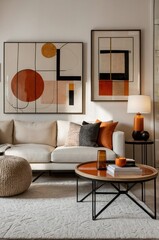 Modern living room interior, geometric abstract wall art, white sofa, orange accent pillow, wooden floor lamp, cozy throw blanket, textured ottoman, warm color palette, minimalist decor, Scandinavian 