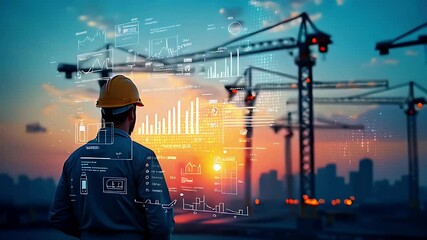 A construction worker observes data visualizations against a sunset backdrop.