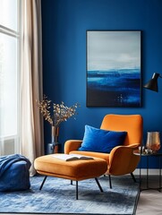 Modern Living Room Decor Featuring Orange Chair and Blue Accents