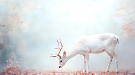 White Deer in Autumn Forest, Magical Scene - Whimsical/Dreamy Imagery