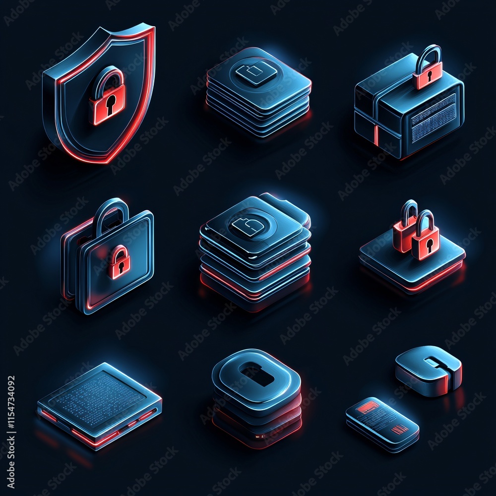 Poster cyber security data protection isometric icons privacy safety network files lock shield computer