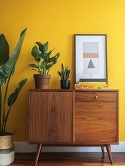 Mid Century Modern Cabinet Plants Yellow Wall Decor