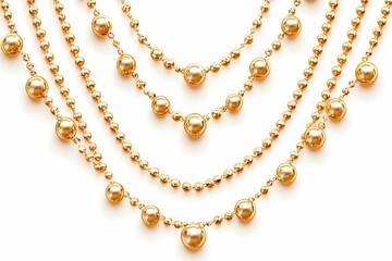 Obraz premium Elegant strands of golden jewelry featuring intricate bead designs on white background, perfect for adding a touch of luxury and sophistication to any outfit.