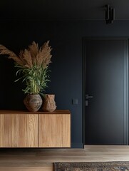 Modern Minimalist Entryway Decor With Wooden Cabinet And Plants