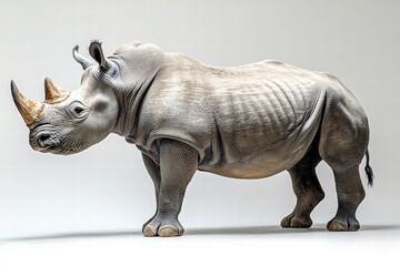 Obraz premium A detailed model of a rhinoceros showcasing its distinctive features and muscular build against a neutral background.