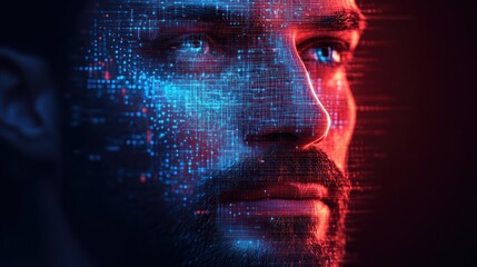 Man's face with digital data overlay.