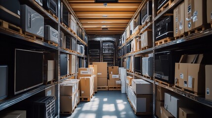 A warehouse interior filled with boxes and appliances on wooden pallets.