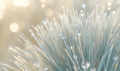 Close-up of frosty plant with water droplets, bokeh background.