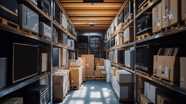A warehouse interior filled with boxes and appliances on wooden pallets.