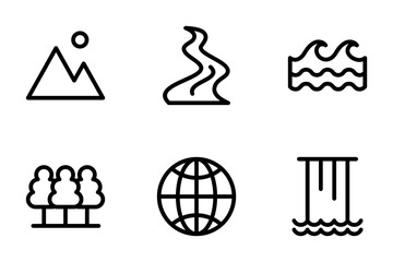 mountain, river, wave, forest, earth, waterfall icon set
