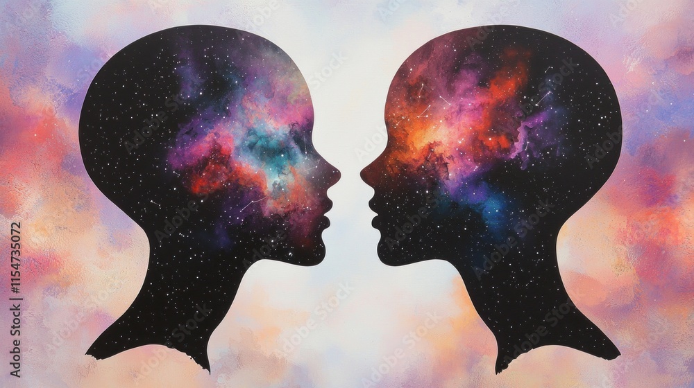 Poster cosmic connection art depicting duality abstract space digital painting surreal environment side vie