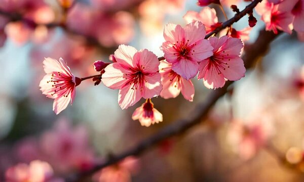 close up shot of a single cherry blossom branch in full bloom at sunset