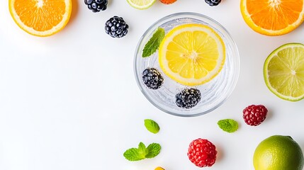 Refreshing 3D Glass of Sparkling Water with Lemon Slice Surrounded by Fresh Fruits and Berries on a Bright White Background