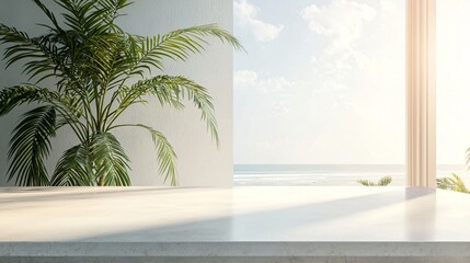 Minimalist Beach View Palm Tree Empty Table Sunny Ocean