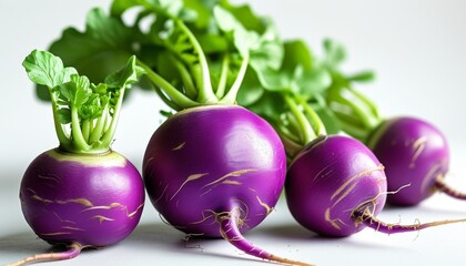 Fresh Purple Turnips with Green Leaves on a Light Background in High Definition Quality
