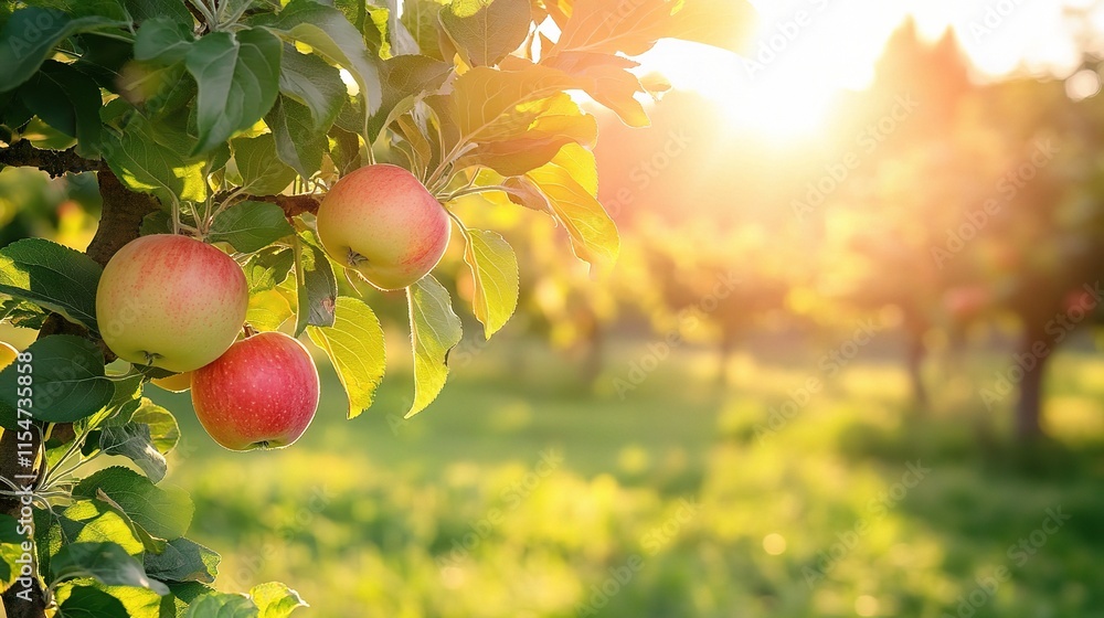 Poster bright summer backlit view of apples on tree in meadow
