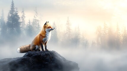 Majestic Fox in Misty Forest Sunrise - Mystical/Fantasy Nature