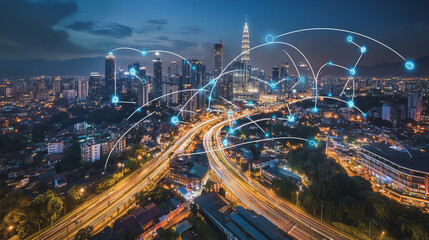 Obraz premium Smart digital Innovation city with connection network reciprocity over the cityscape. of future smart wireless city and social media networking systems that connects business people with in city