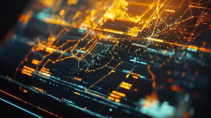 Futuristic digital map interface with glowing lines and data points.