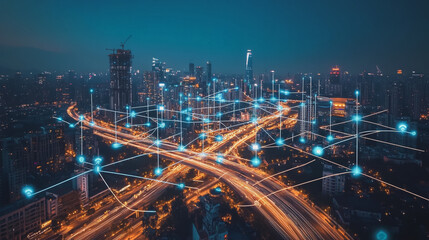 Fototapeta premium Smart digital Innovation city with connection network reciprocity over the cityscape. of future smart wireless city and social media networking systems that connects business people with in city