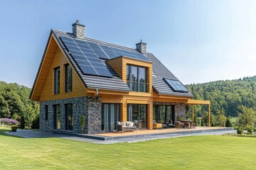 Obraz premium Modern eco-friendly house with solar panels on the roof and stone facade. Illustrates sustainable living and renewable energy solutions for home design.