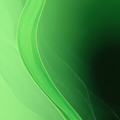 Abstract image featuring flowing, translucent green lines and waves against a gradient background transitioning from light to dark green.