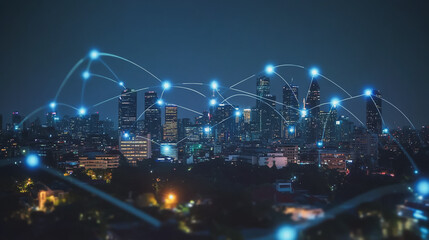 Fototapeta premium Smart digital Innovation city with connection network reciprocity over the cityscape. of future smart wireless city and social media networking systems that connects business people with in city