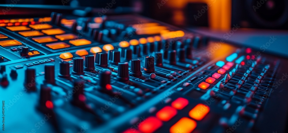Poster close-up of a sound mixer with illuminated buttons and knobs for audio control.