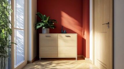 Light Wood Cabinet Against Red Wall With Plant
