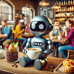 Mini ai robot drinking coffee  in a restaurant 