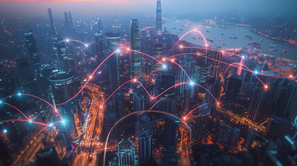 Obraz premium Smart digital Innovation city with connection network reciprocity over the cityscape. of future smart wireless city and social media networking systems that connects business people with in city