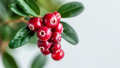 Fresh Red Cranberry Cluster with Green Leaves on a Light Background in Upscale Style
