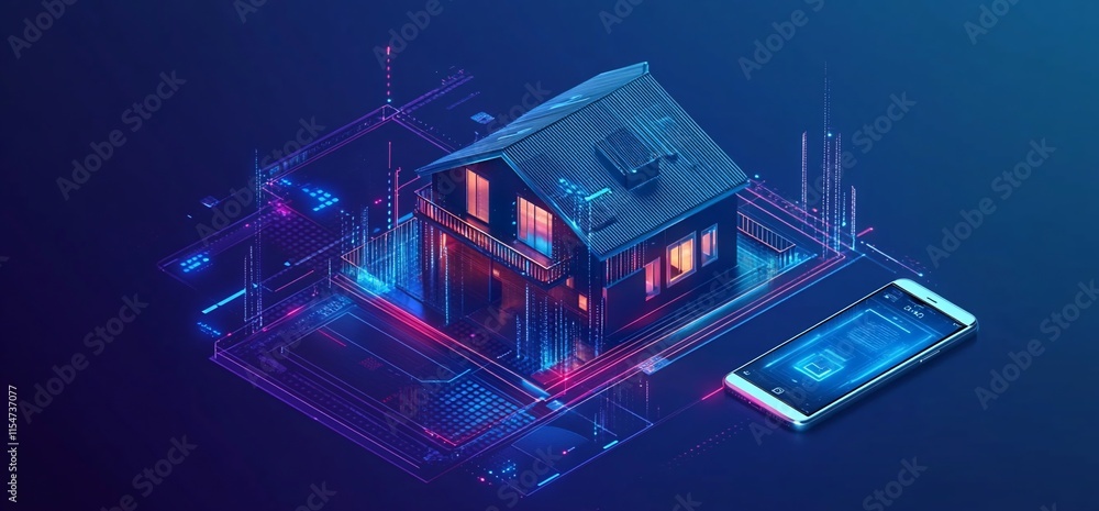 Poster digital representation of a smart home with a smartphone interface.