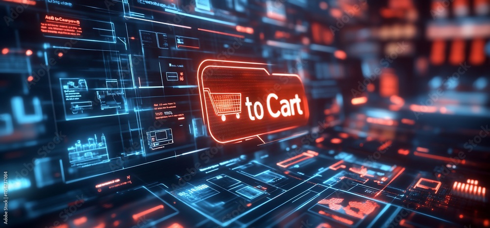 Poster digital interface showcasing a shopping cart button in a futuristic design.