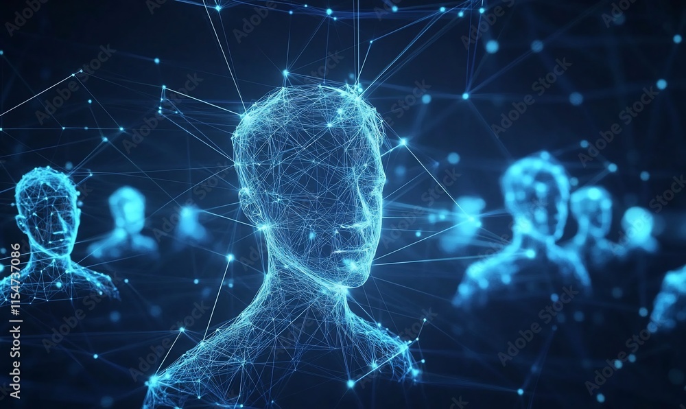 Poster digital representation of interconnected human figures in a futuristic style.