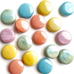 Obraz premium Set of multicolored glass candies on a white background.