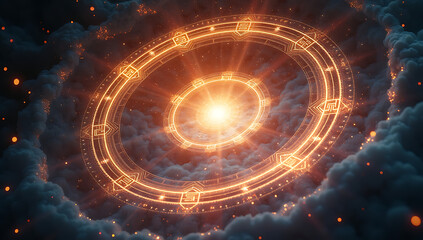 Obraz premium A ring of glowing symbols rotating around the frame, collapsing inward to form a transition vortex that reveals the next scene.