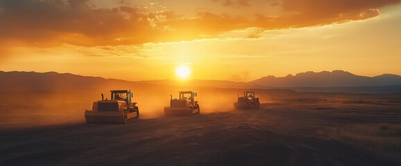 Construction vehicles working at sunset, creating dust in a rural landscape.