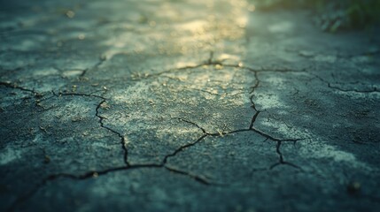 Obraz premium Close-up of cracked, dry earth with sunlight.