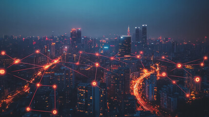 Fototapeta premium Smart digital Innovation city with connection network reciprocity over the cityscape. of future smart wireless city and social media networking systems that connects business people with in city